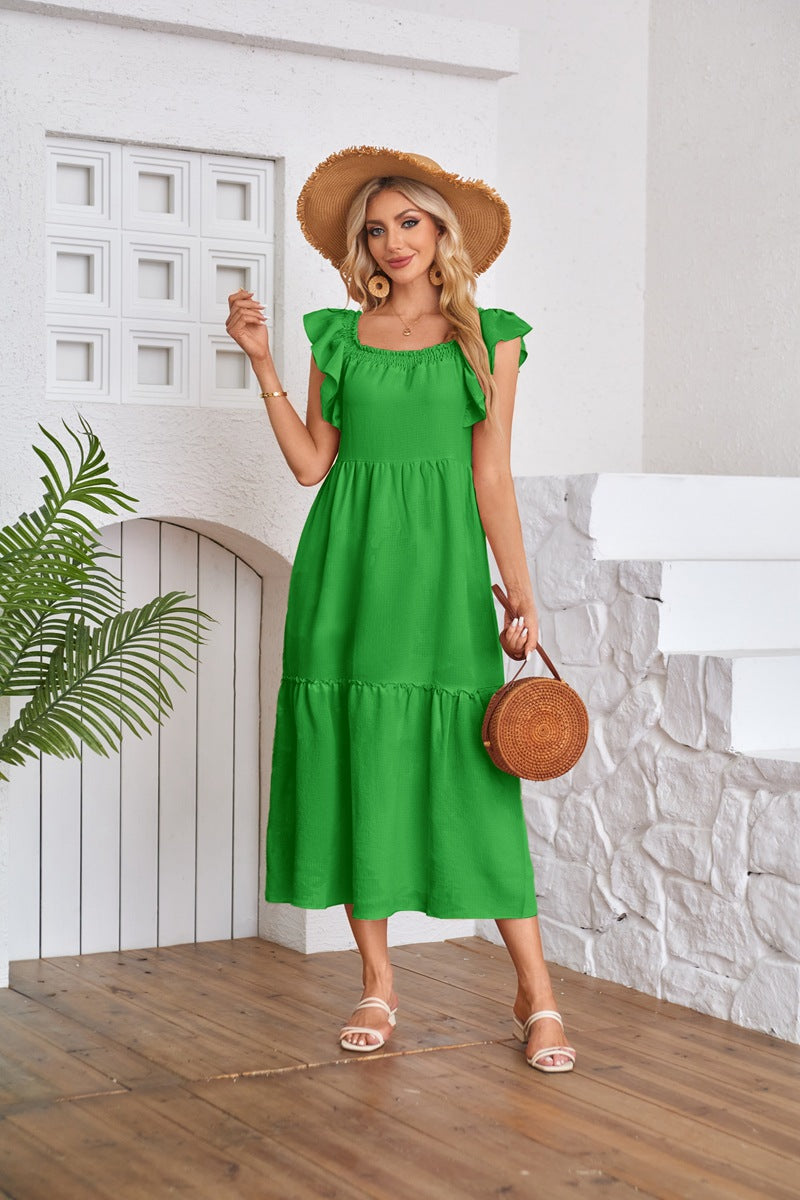 Flying Sleeve Square Neck Off Shoulder Pleated Hem Dress