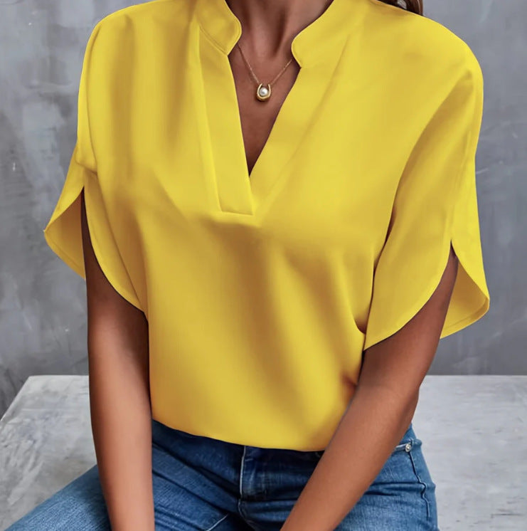 Women's V-Neck Shirt - Solid Color Casual Short Sleeve T-Shirt-Yellow-S-Free Shipping Leatheretro