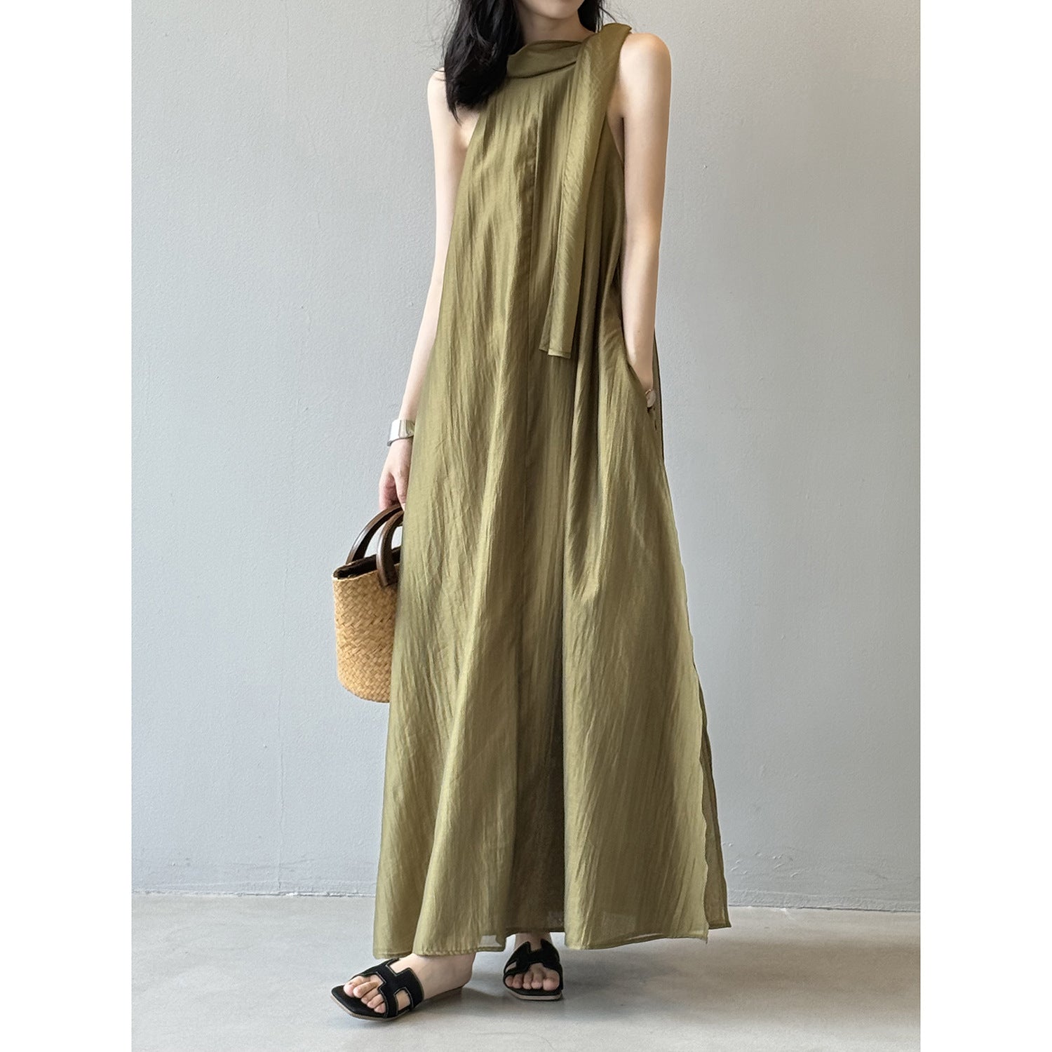 Summer Loose Women's Viscose Scarf Neckline Dress