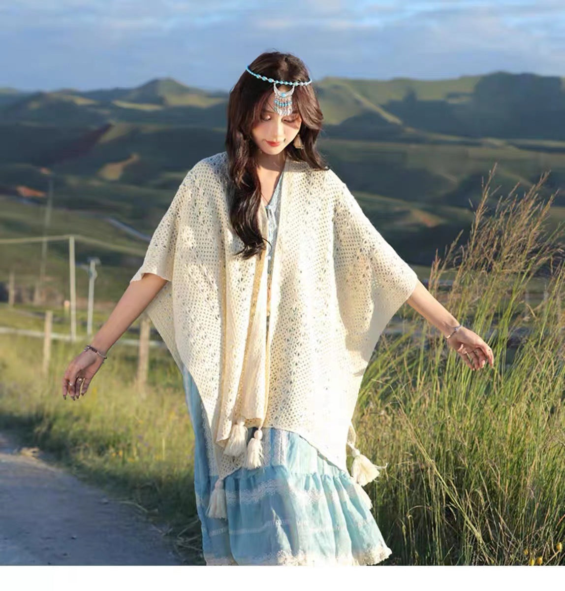 Boho Chic Knit Fringe Shawl – Ethnic Travel Wrap with Slit for Women