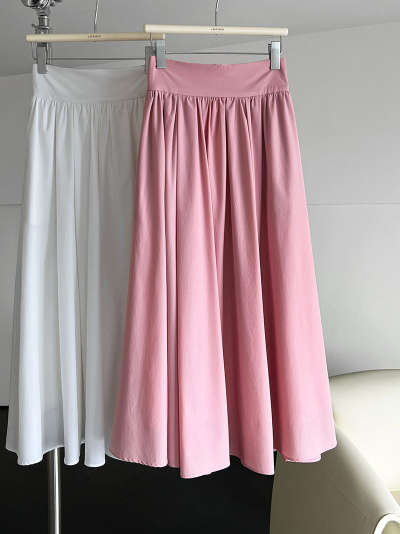 Elegant Pink Midi Skirt – Flowy A-Line Pleated Skirt with High Waist