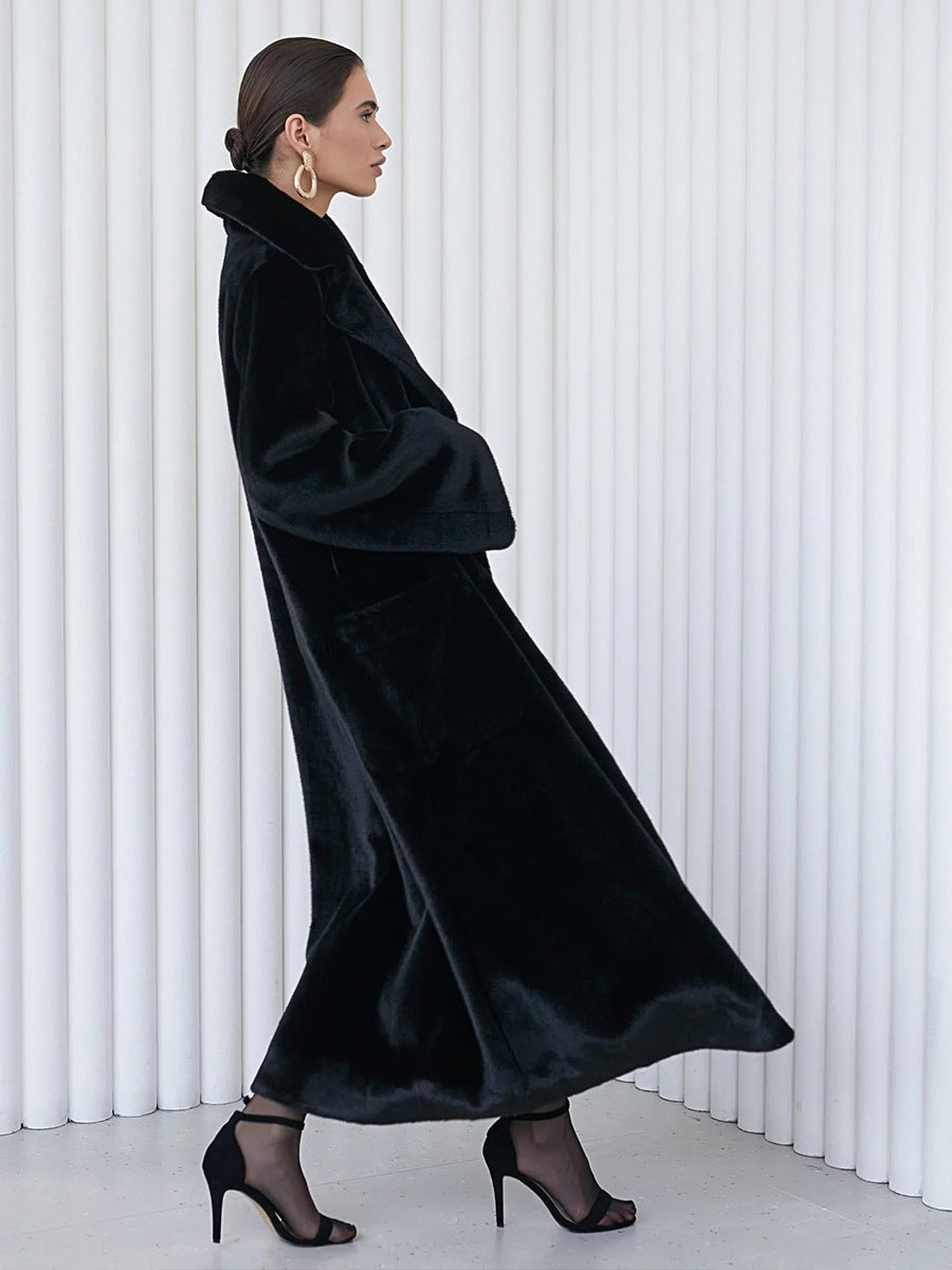 Women's Long Plush Fur Coat with Belted Waist & Notched Lapel