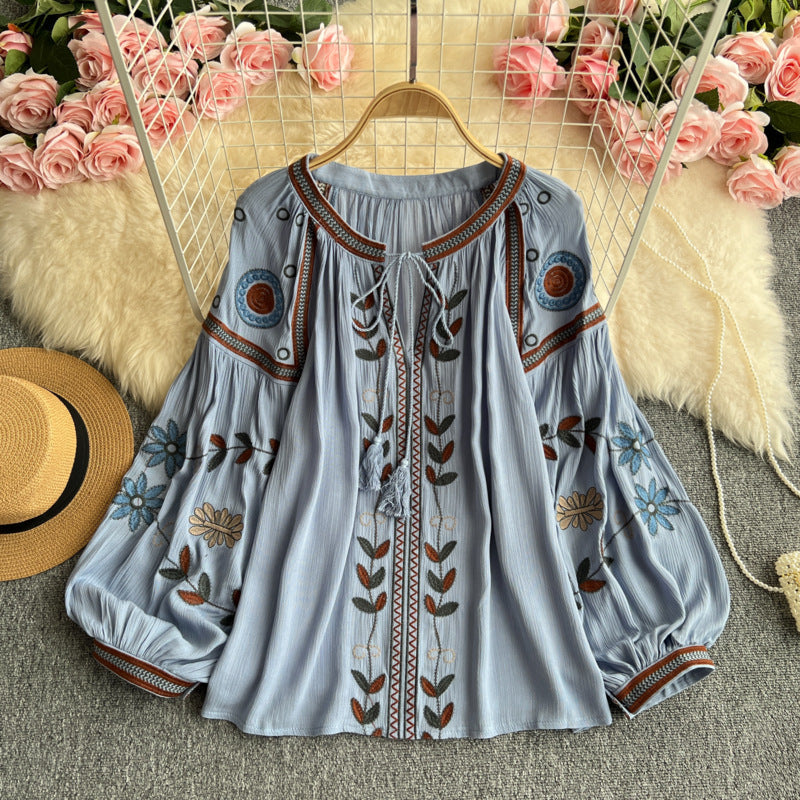 Ethnic Embroidered Tie-Neck Blouse-White-one size-Free Shipping Leatheretro