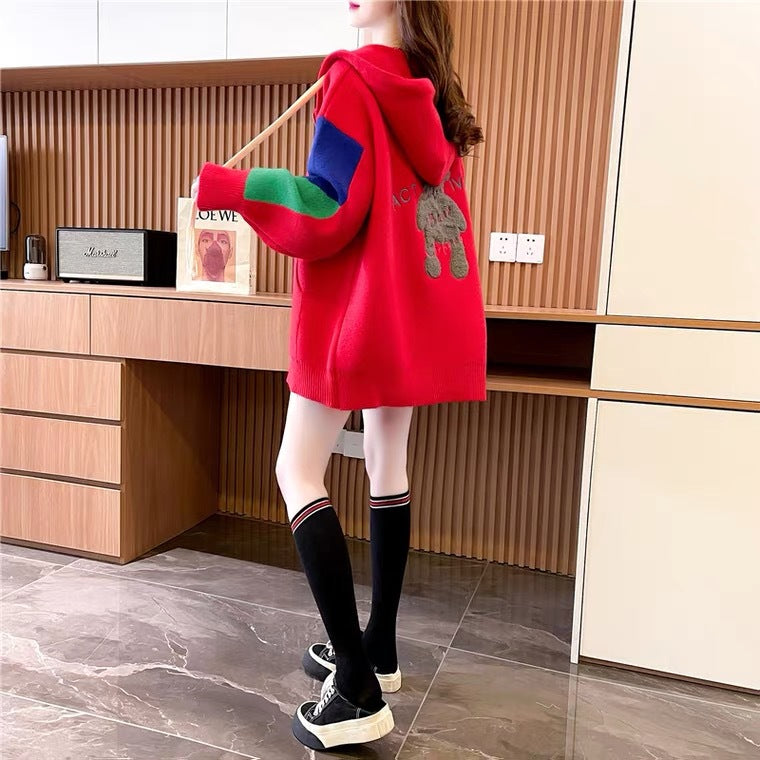 Women's Longline Color-Block Hooded Cardigan – Oversized Chunky Knit Sweater Coat