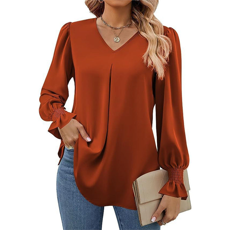 Women's Solid Color Chiffon V-Neck Bell Sleeve Blouse