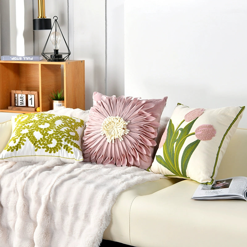 Embroidered Tulip Flower Pillow Cover