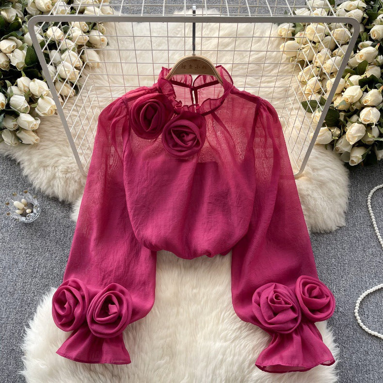 Designed 3D Flowers Chiffon Long Sleeves Shirts