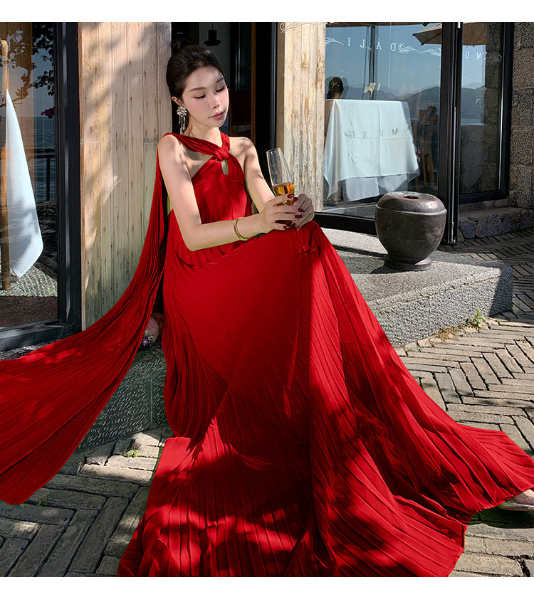 Elegant Neck-Tie Flowy Ruffle Dress – Maxi Pleated Skirt, Resort Vacation & Beach Cover-Up