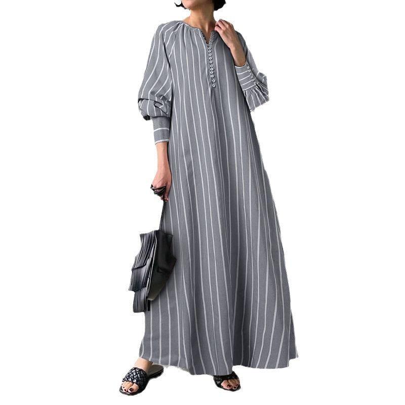 Plus Size Women's Linen Striped Round Neck Long Sleeve Casual Loose Fit Maxi Dress