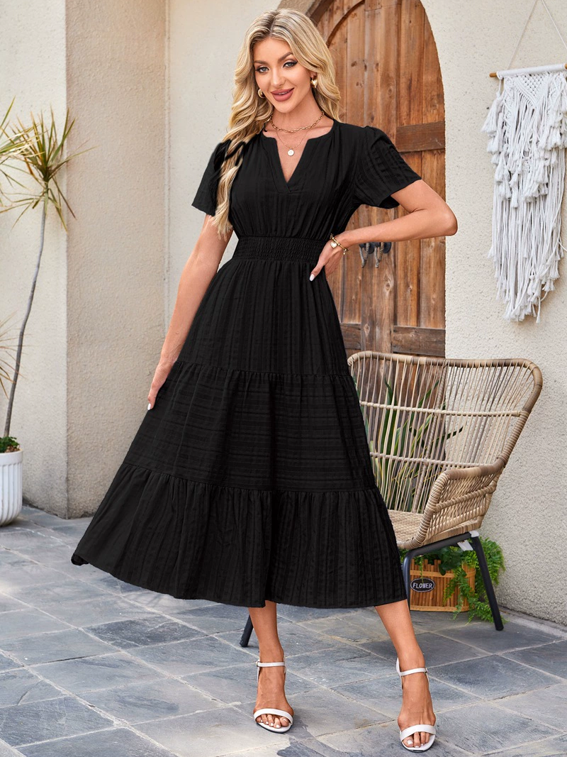 V-Neck Pleated Puff Sleeves Long-Sleeved Dress