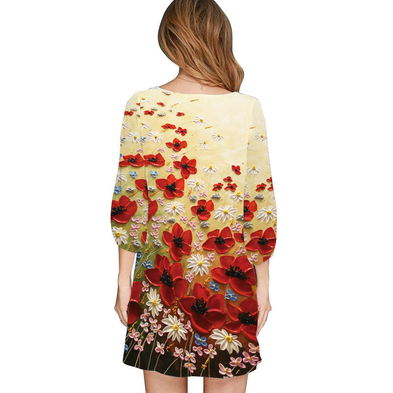 Casual Floral Print 3/4 Length Sleeves Short Dresses