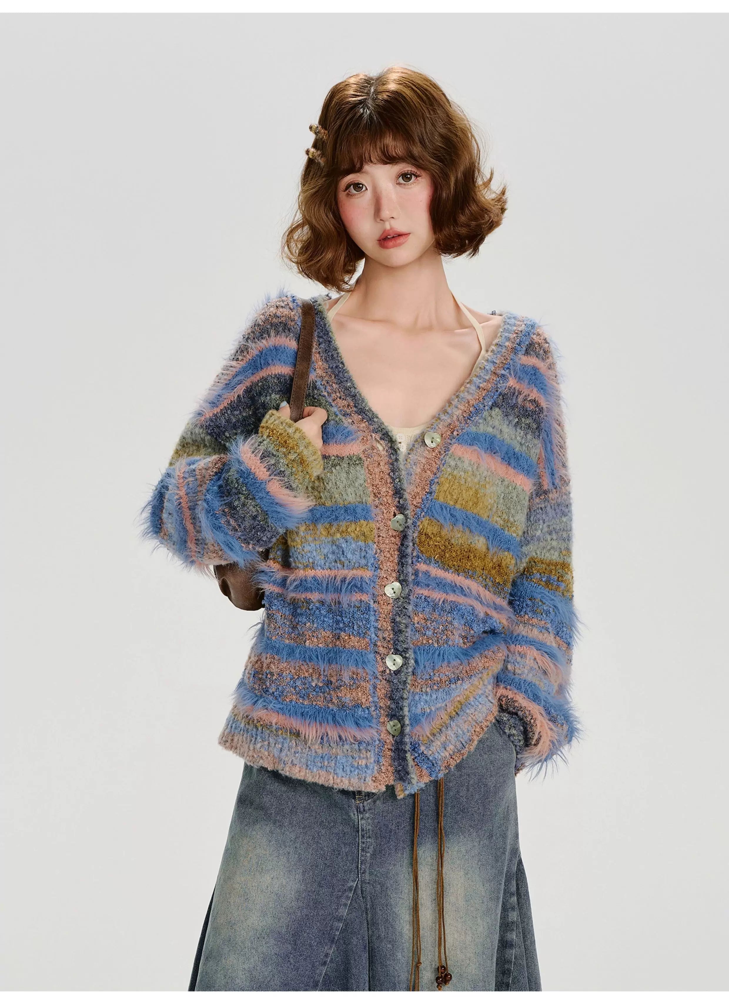 Girlyhalo Vintage Gradient Striped Plush Cardigan