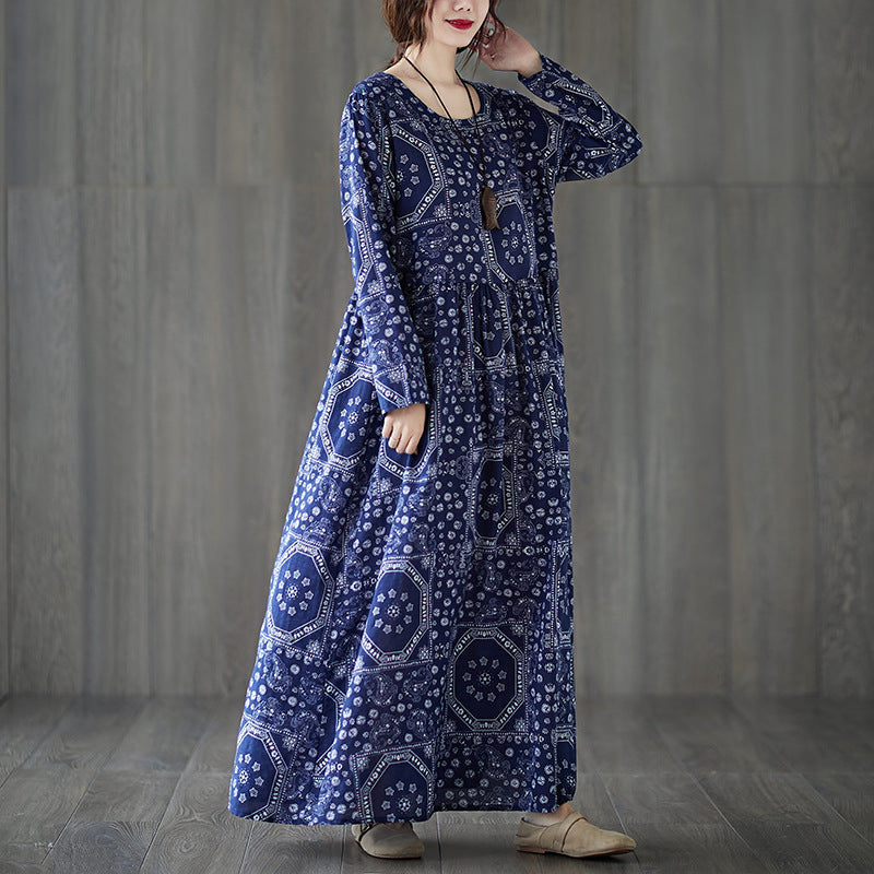 Vintage Plus Sizes Long Sleeves Blue Fall Dresses-Dresses-Free Shipping at meselling99
