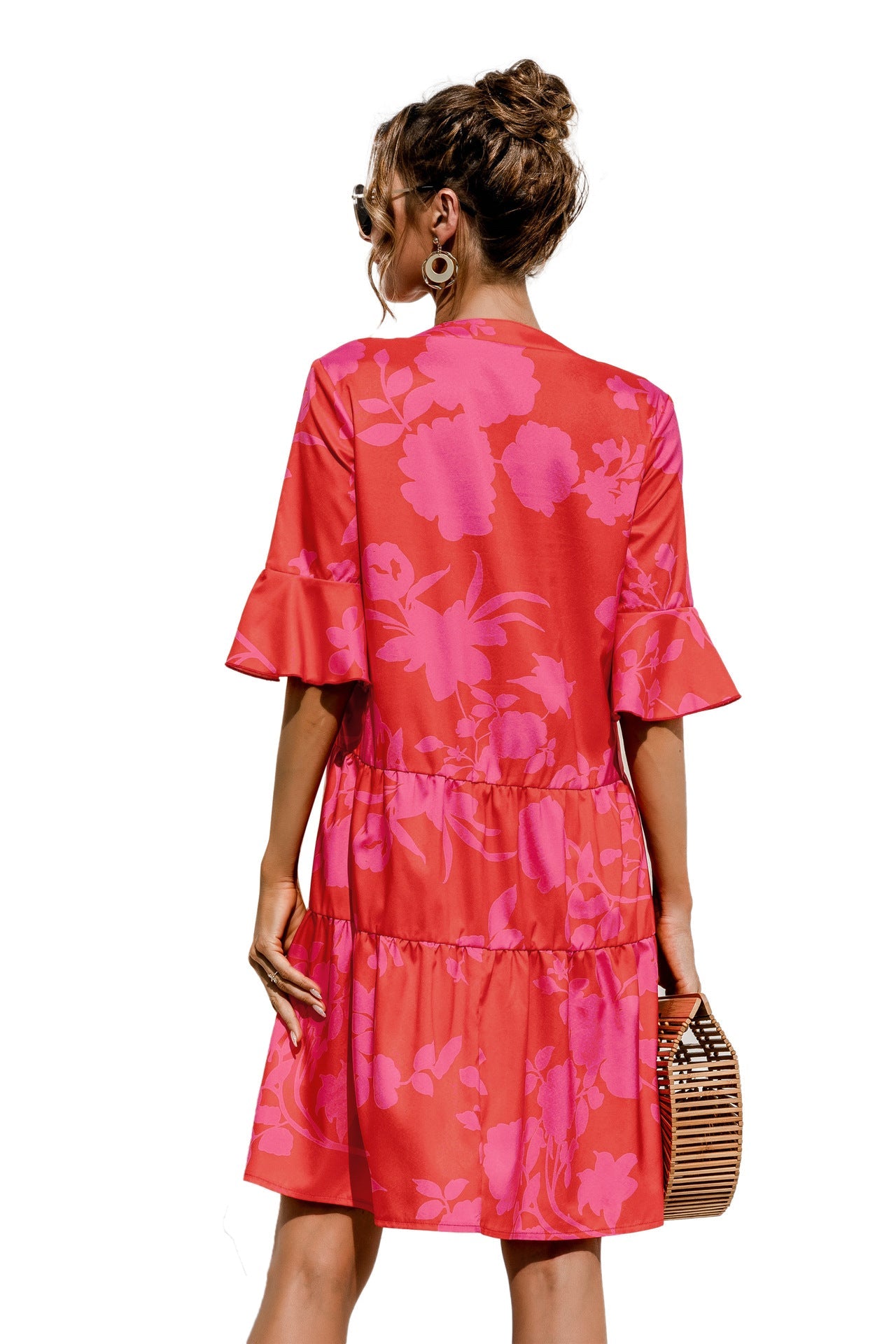 Women's V-Neck Flared Sleeve Tiered Contrast Panel Dress