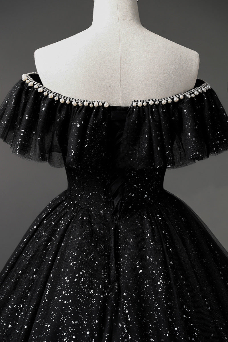 Elegant One-Shoulder Black Evening Gown with V-Neck