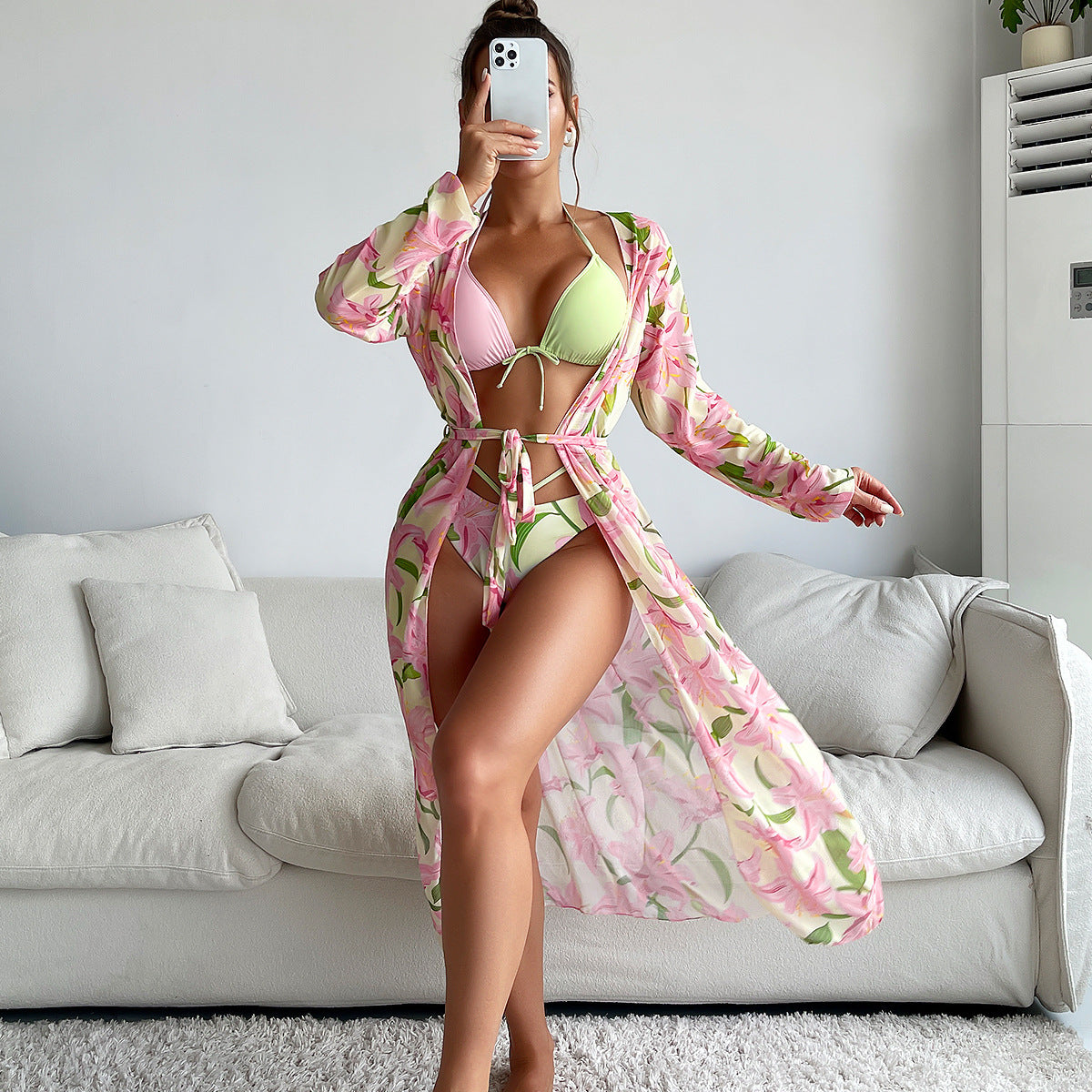 Sexy Floral Print 3 Pcs Bikini Women Swimsuits