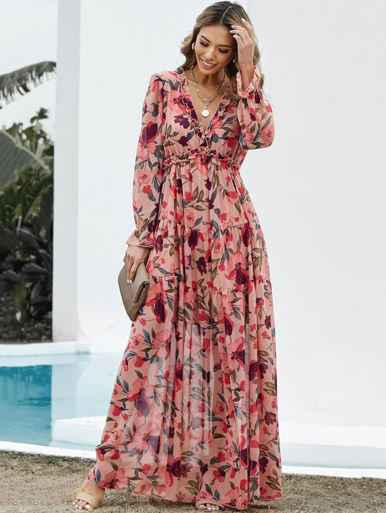 Elegant Long Sleeve Printed Maxi Evening Dress