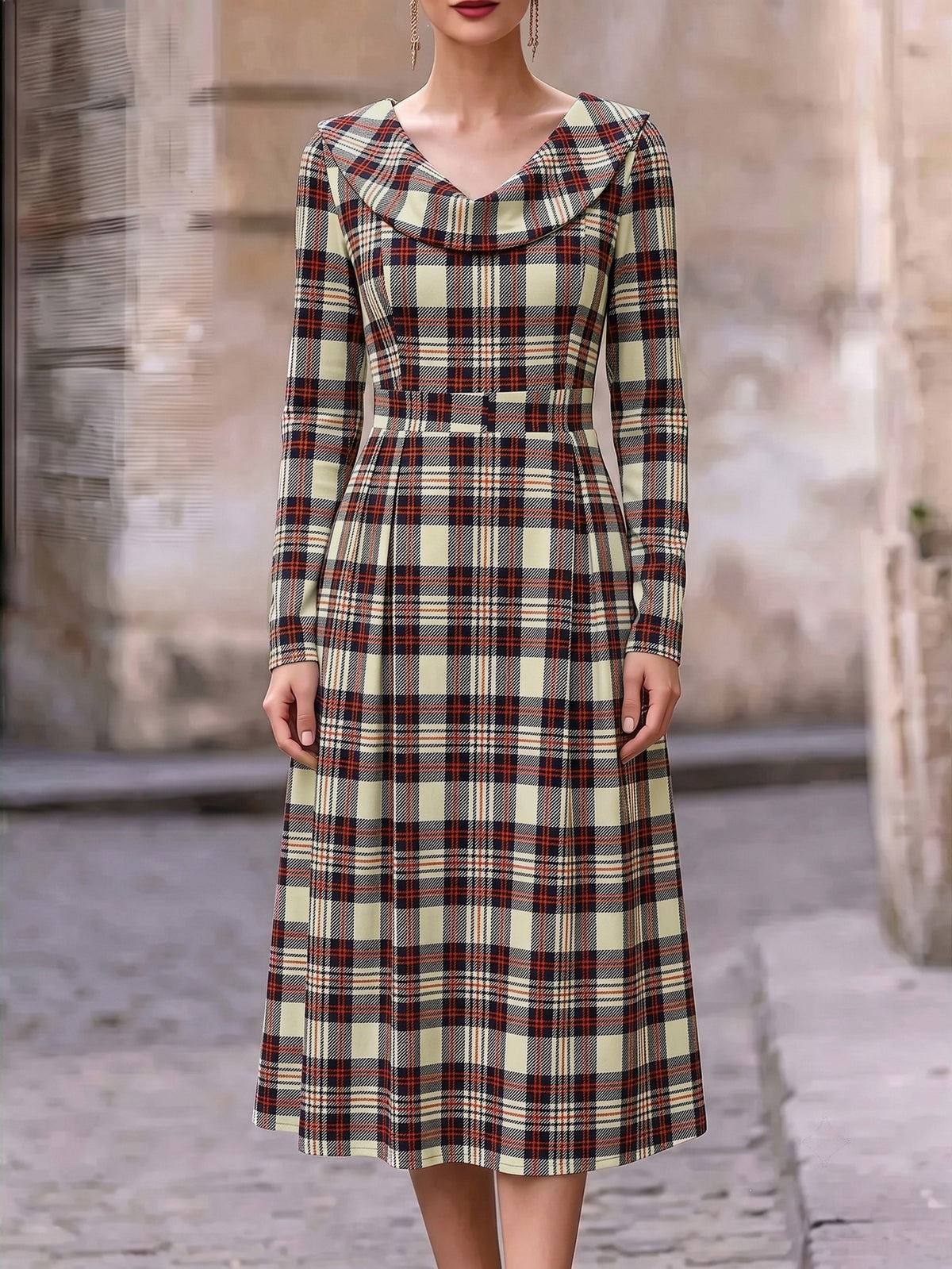 Autumn Winter Plaid Print Long Dress for Women