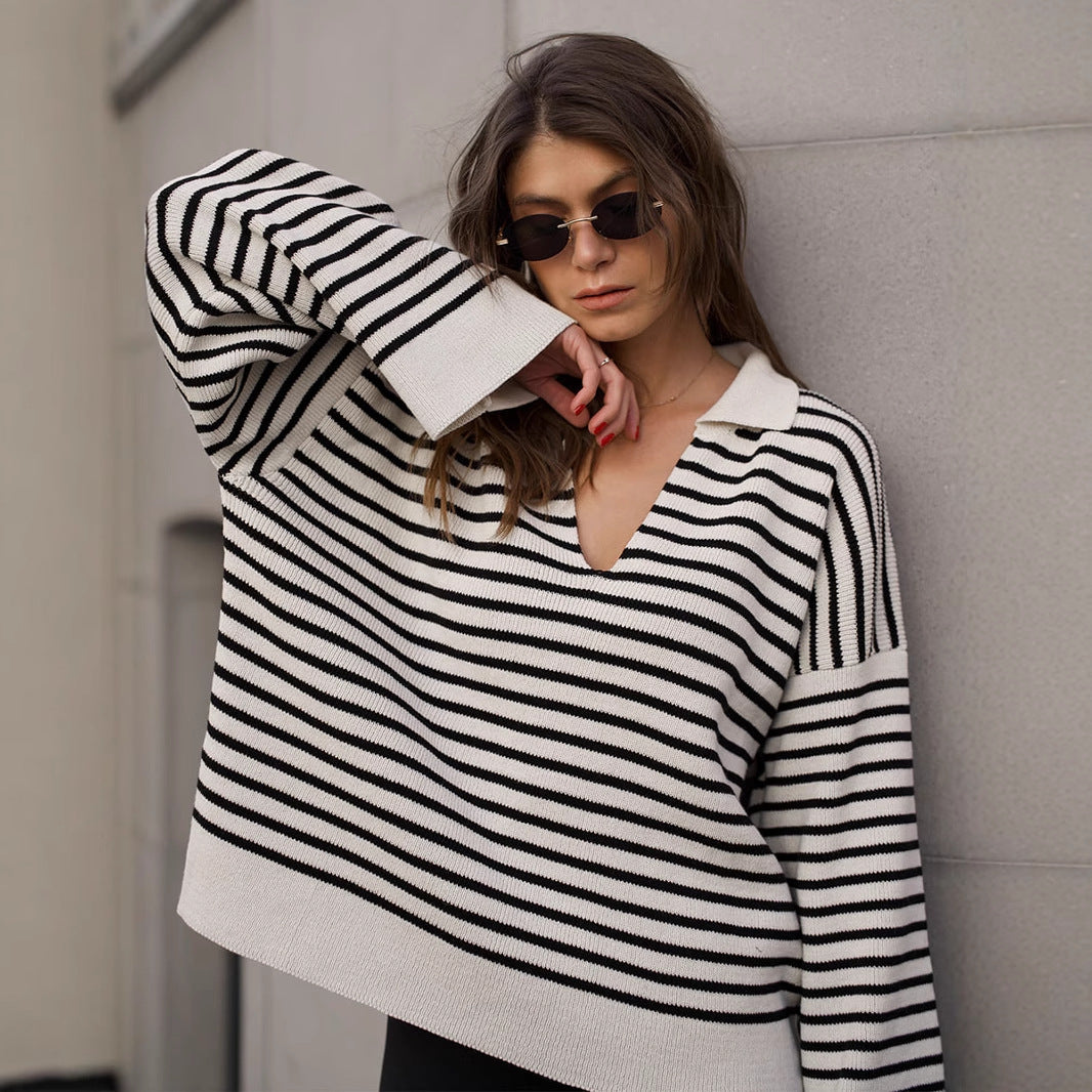 Women's Loose-Fit Black Striped Sweater