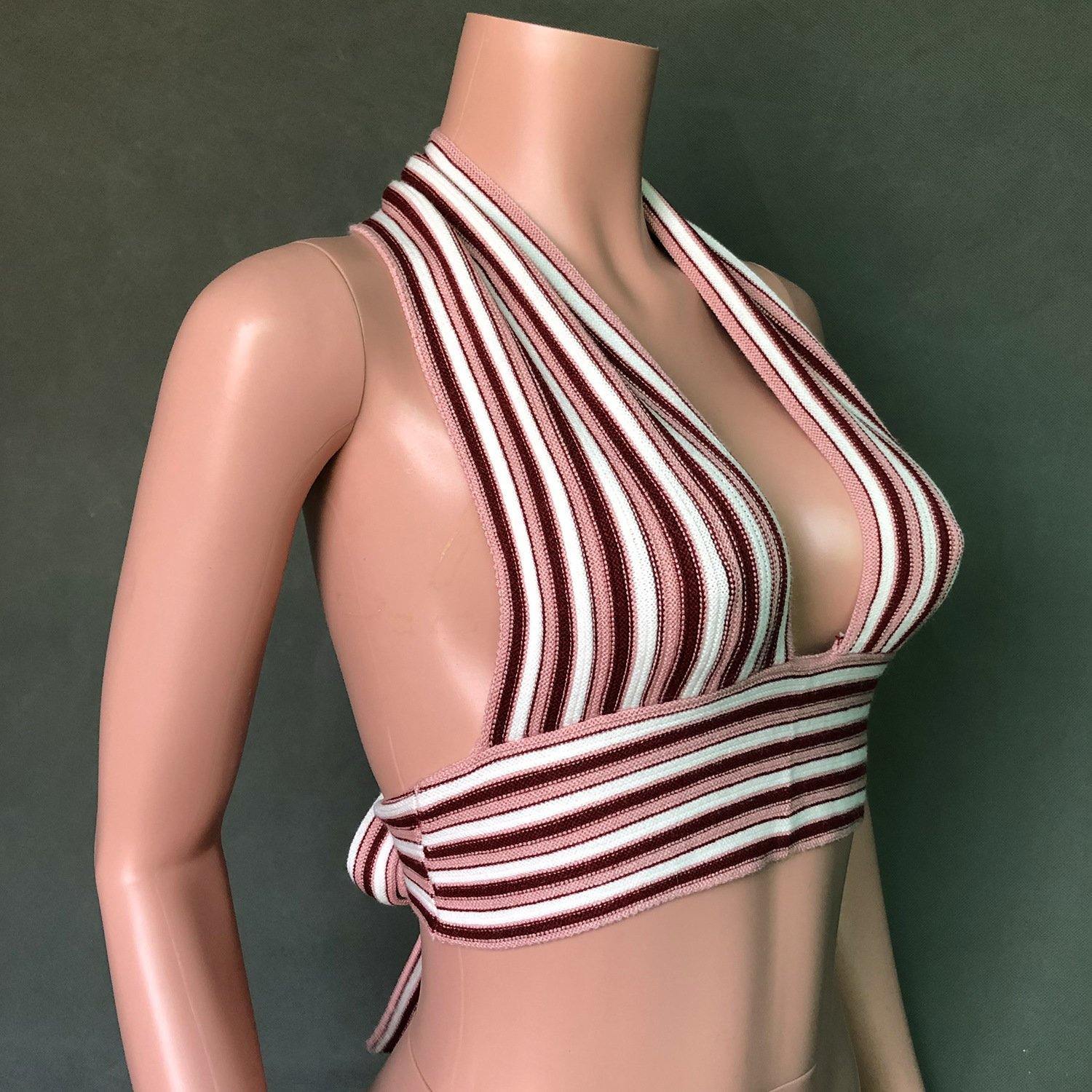 Striped Deep V-Neck Backless Women Tops-STYLEGOING