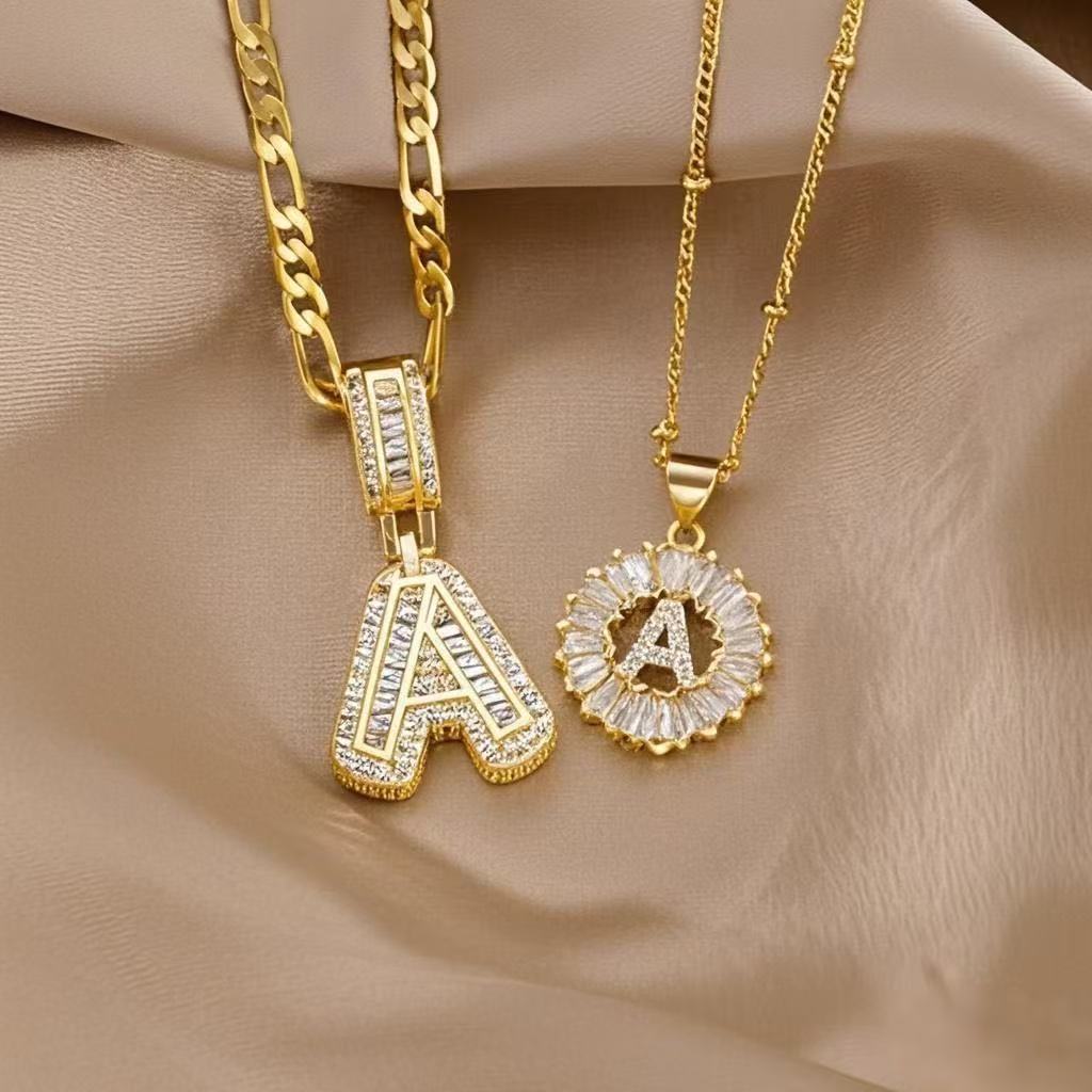 The AuraZircon Initial Necklace - Zircon Initial Pendant, Figaro Chain,+  1+1 FREE