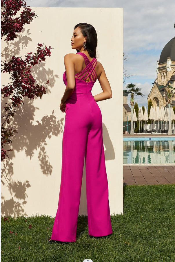 Sexy Shoulder Straps Rose Red Wide Legs Jumpsuits-Suits-Free Shipping at meselling99