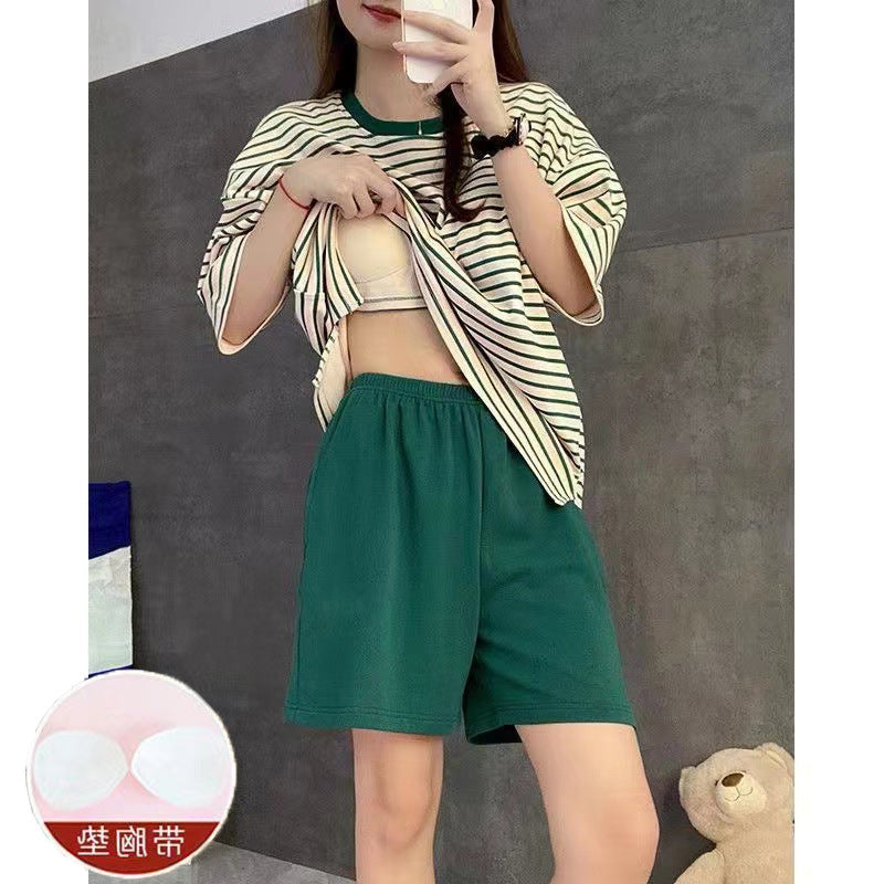 Casual Striped Summer Short Sleeves Shirts & Shorts Homewear