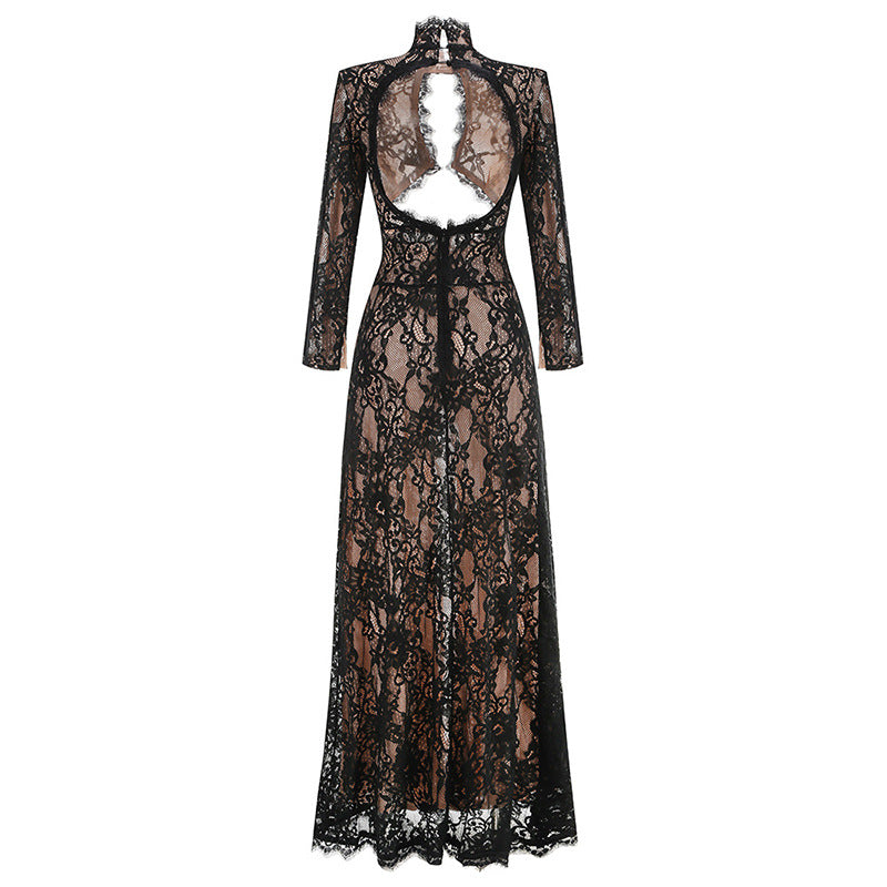 Elegant Long Sleeve Lace Backless Maxi Dress