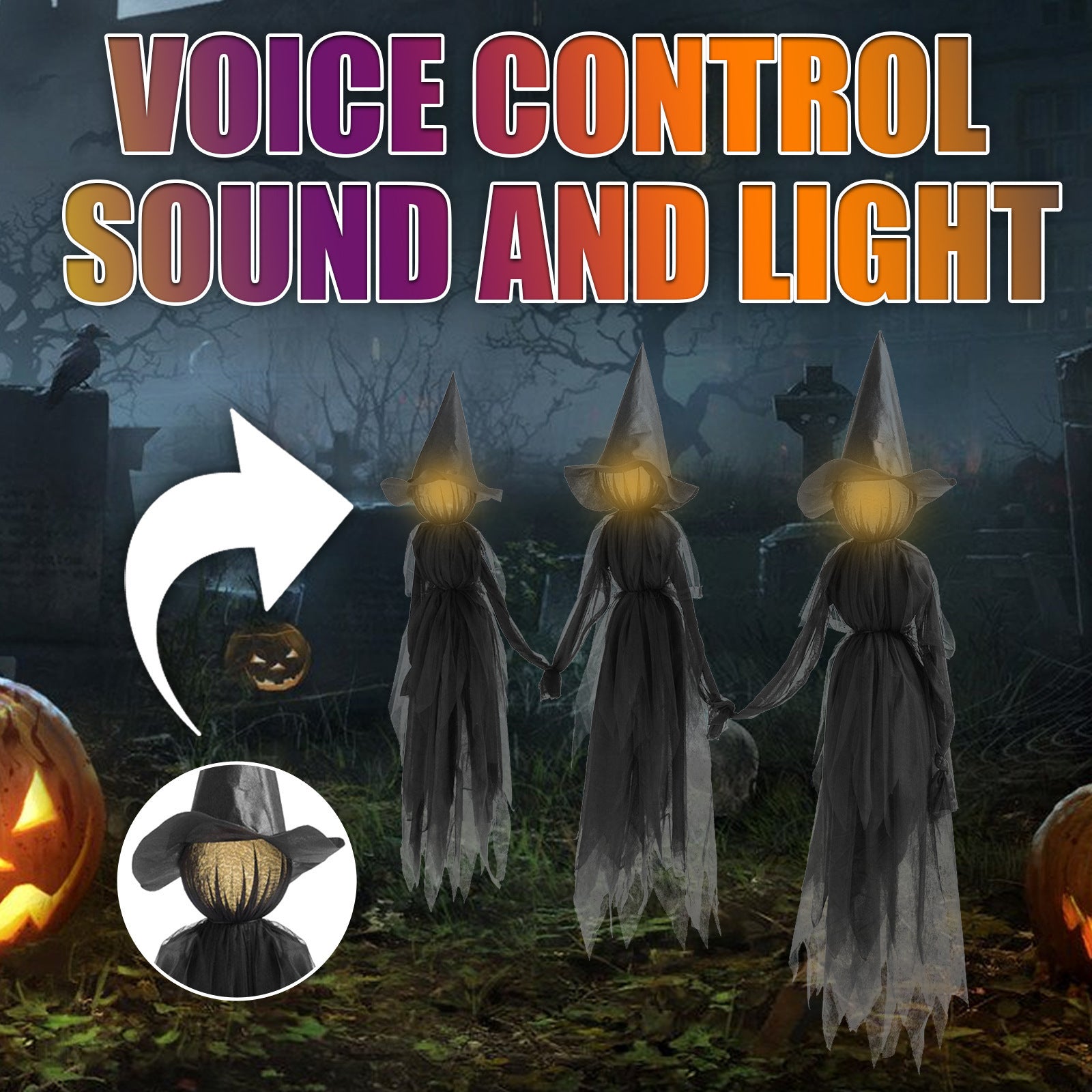 Voice-Activated Colorful Glowing Halloween Witch Set - 3 Hand-Holding Witches with Bonus Ghost