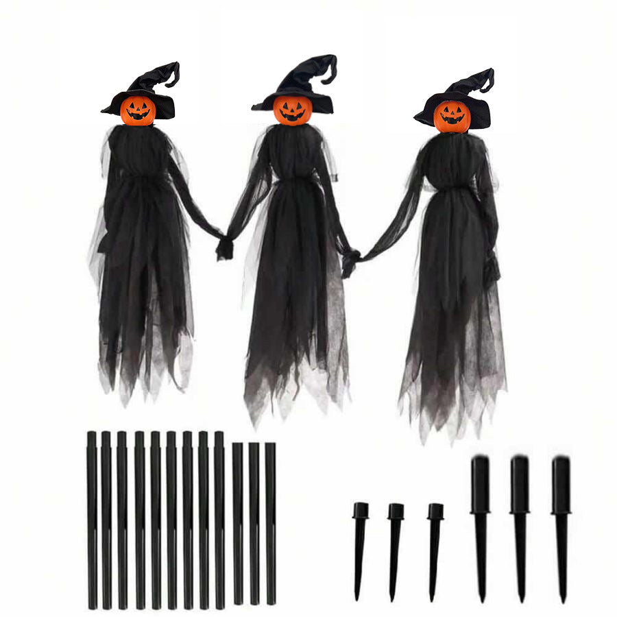 Voice-Activated Colorful Glowing Halloween Witch Set - 3 Hand-Holding Witches with Bonus Ghost