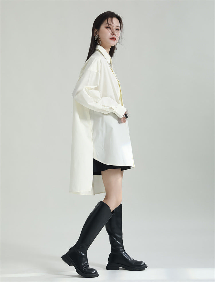 Oversized Asymmetrical Shirt – Trendy Longline Loose Fit Casual Blouse-Apricot-One Size-Free Shipping Leatheretro