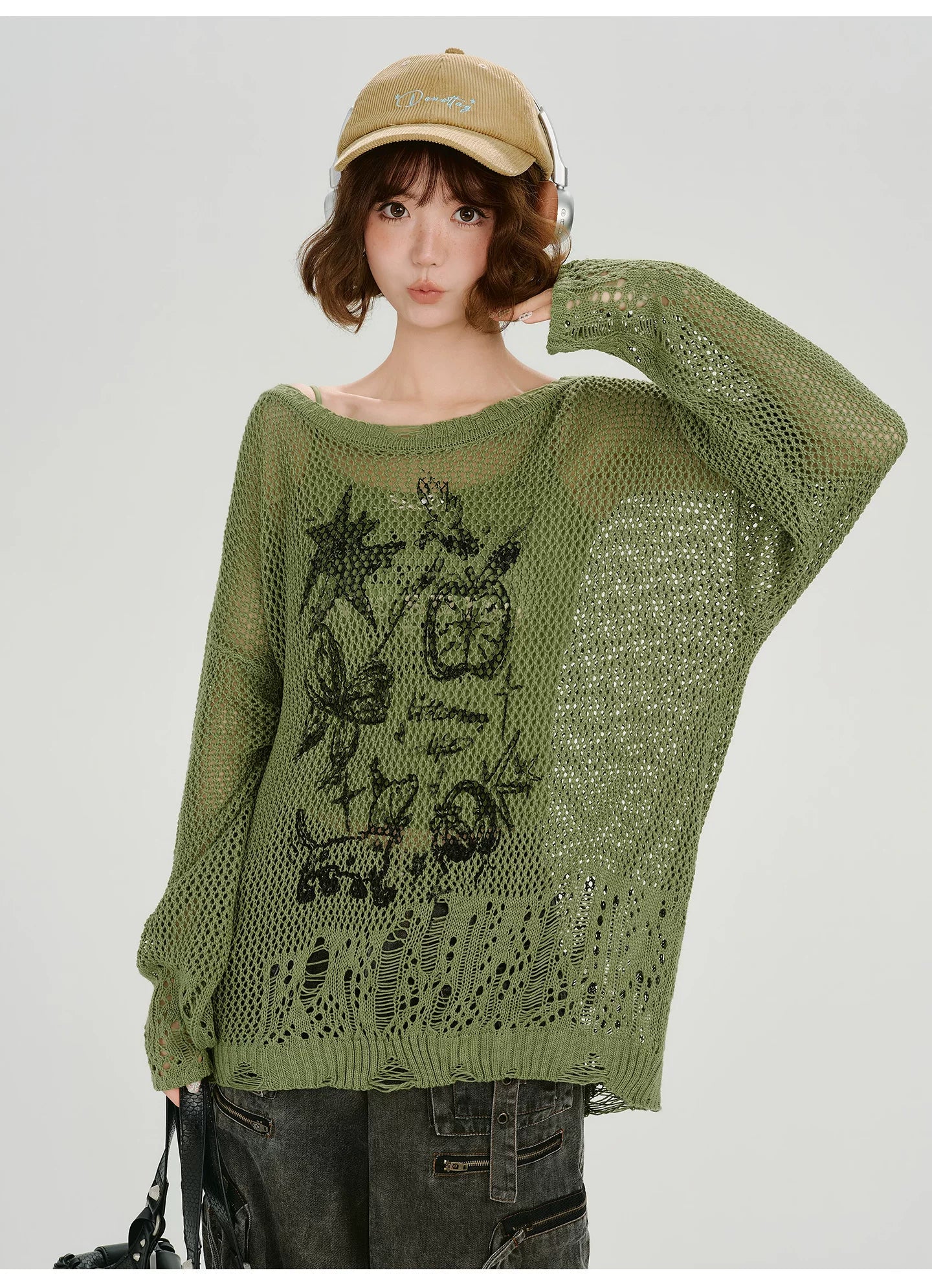 Girlyhalo Retro Y2K Printed Hollow-Out Knit Top