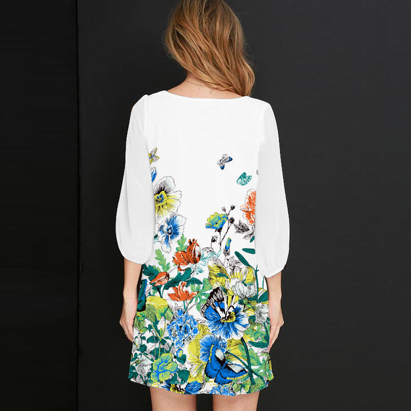 Casual Feather Floral Print Women Short Dresses