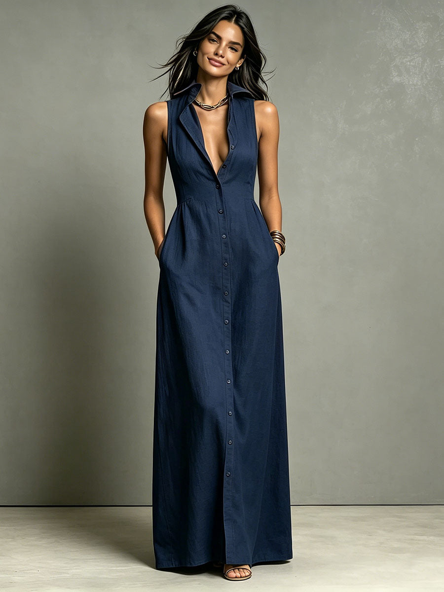 Women's Summer Sleeveless Lapel Collar Maxi Dress