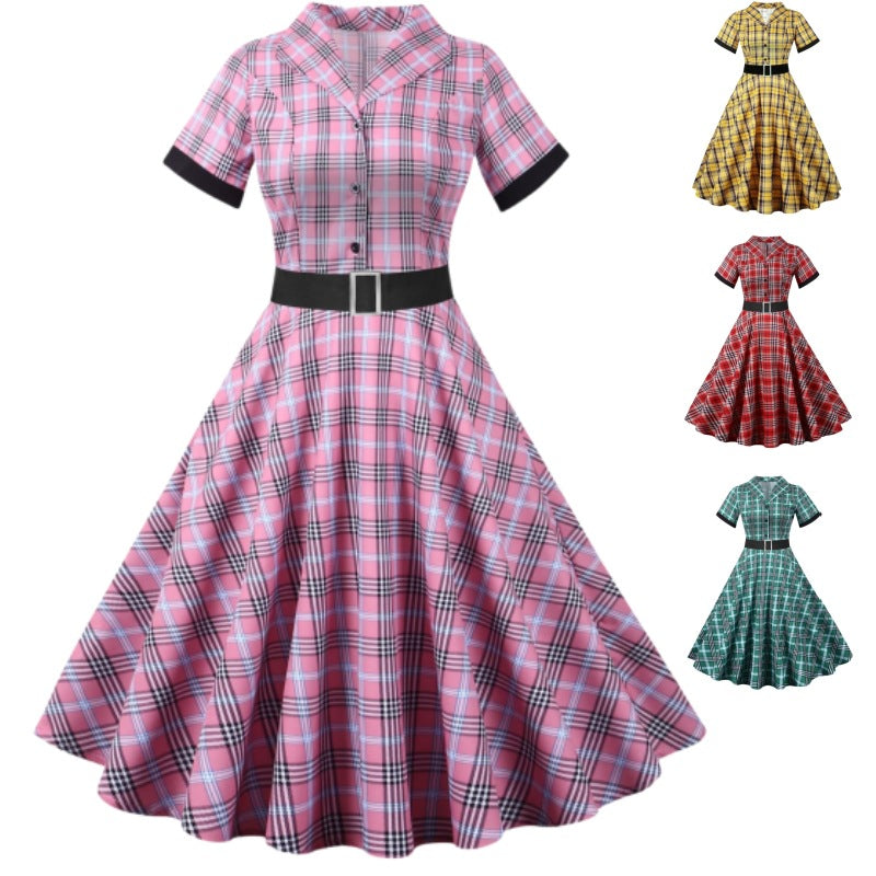 Retro Plaid Short Sleeve Dress with Belt