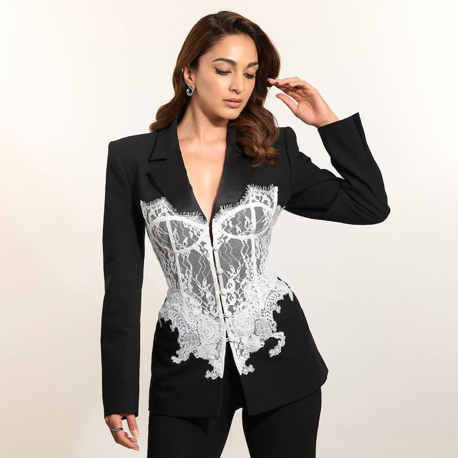 Designed Lace Panel Slim-Fit Blazer for Women – Sexy & Stylish Tailored Waist Jacket