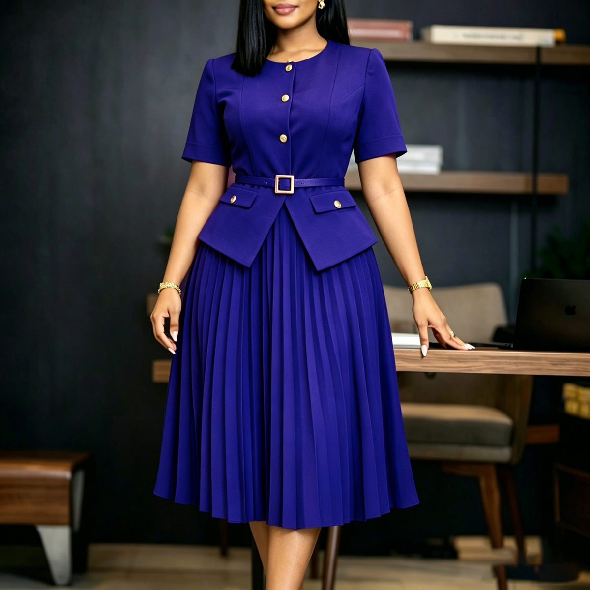 Summer  Round Neck Spliced Pleated Fake Two-Piece Solid Color Plus Size Dress
