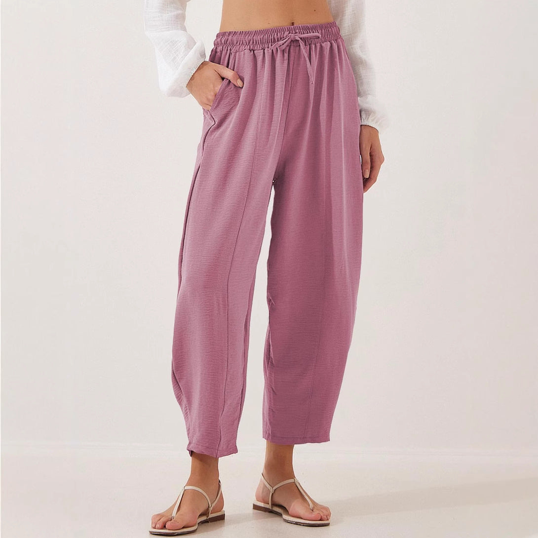 Women's Summer High-Waisted Loose Vacation Drawstring Casual Cropped Pants with Side Pockets