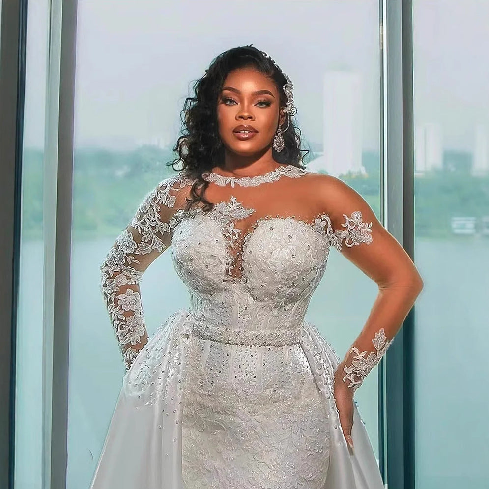 Plus Size Mermaid Wedding Dress with Long Sleeves and Train