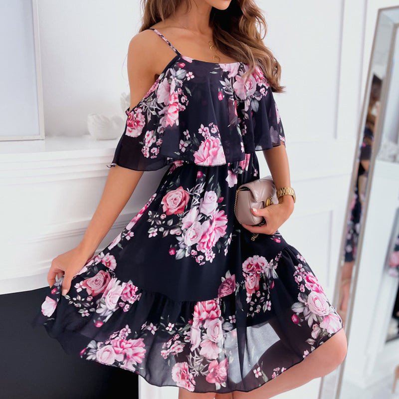 Women's Summer Chiffon Floral Print Off-Shoulder Sexy Spaghetti Strap Dress