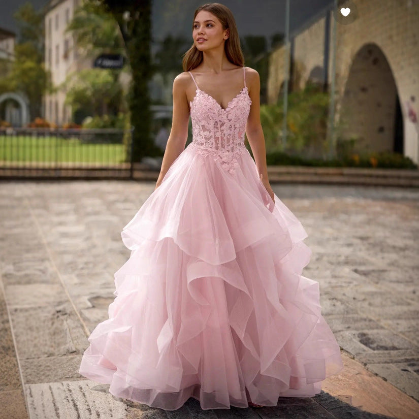 V-Neck Satin Strap A-Line Evening Gown