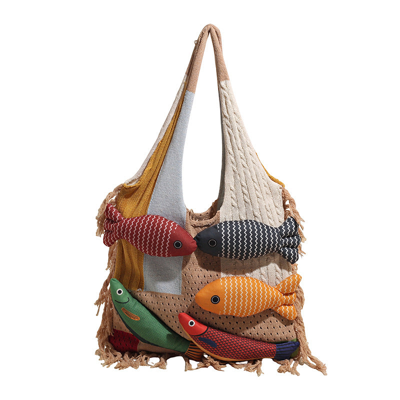 Patchwork Knit Shoulder Bag with Checkered Design