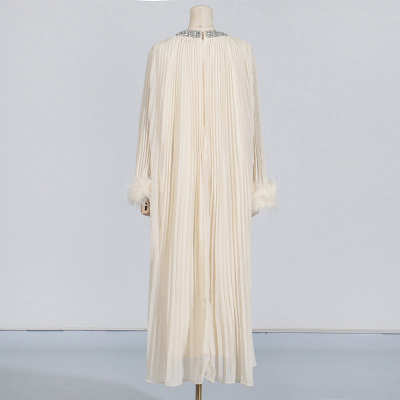 Elegant Round Neck Rhinestone Ostrich Feather Long Sleeve Ruffle Dress