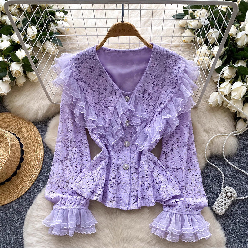 Lace Patchwork Lantern Sleeve Blouse