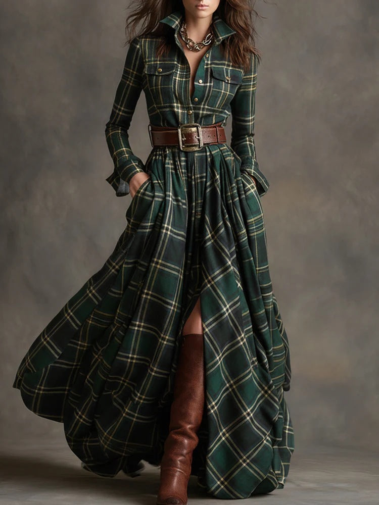 Plus Size French Vintage Plaid Slimming Irregular Hem Dress