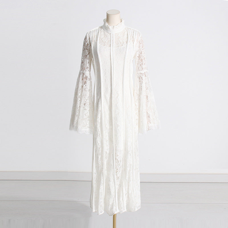 Retro Elegant Summer Lace Embroidered High-Waist Pleated Dress