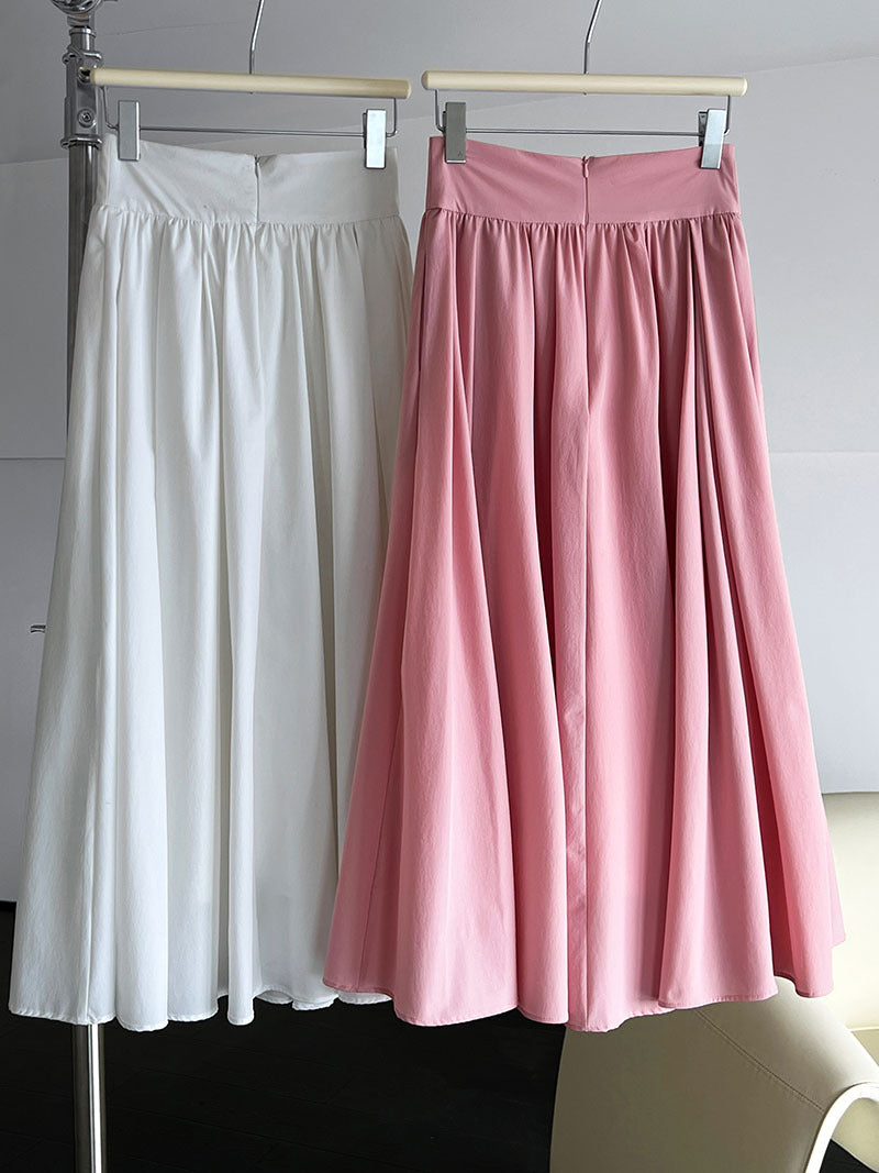 Elegant Pink Midi Skirt – Flowy A-Line Pleated Skirt with High Waist