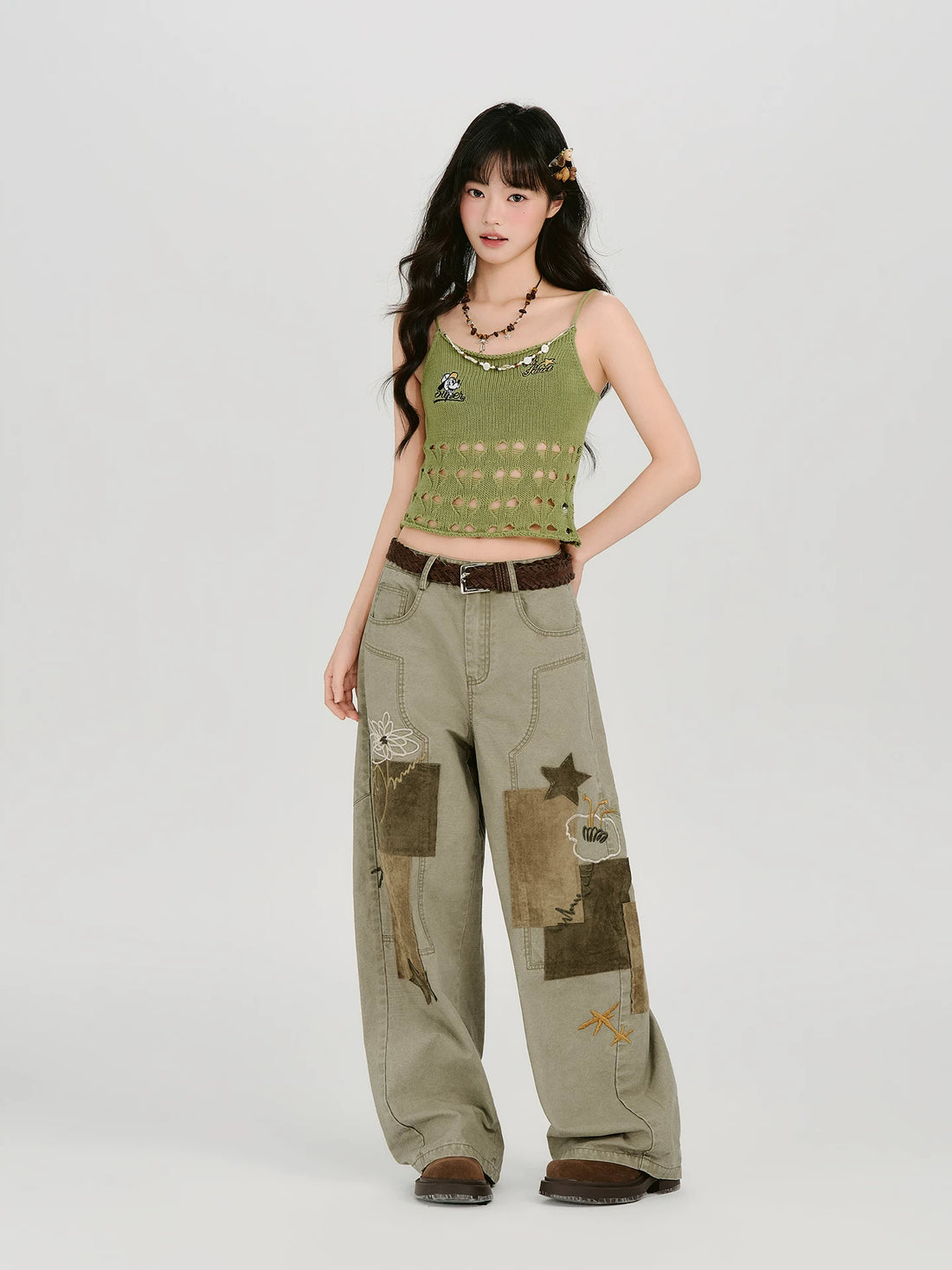 Girlyhao Vintage Applique Embroidery Wide-Leg Pants