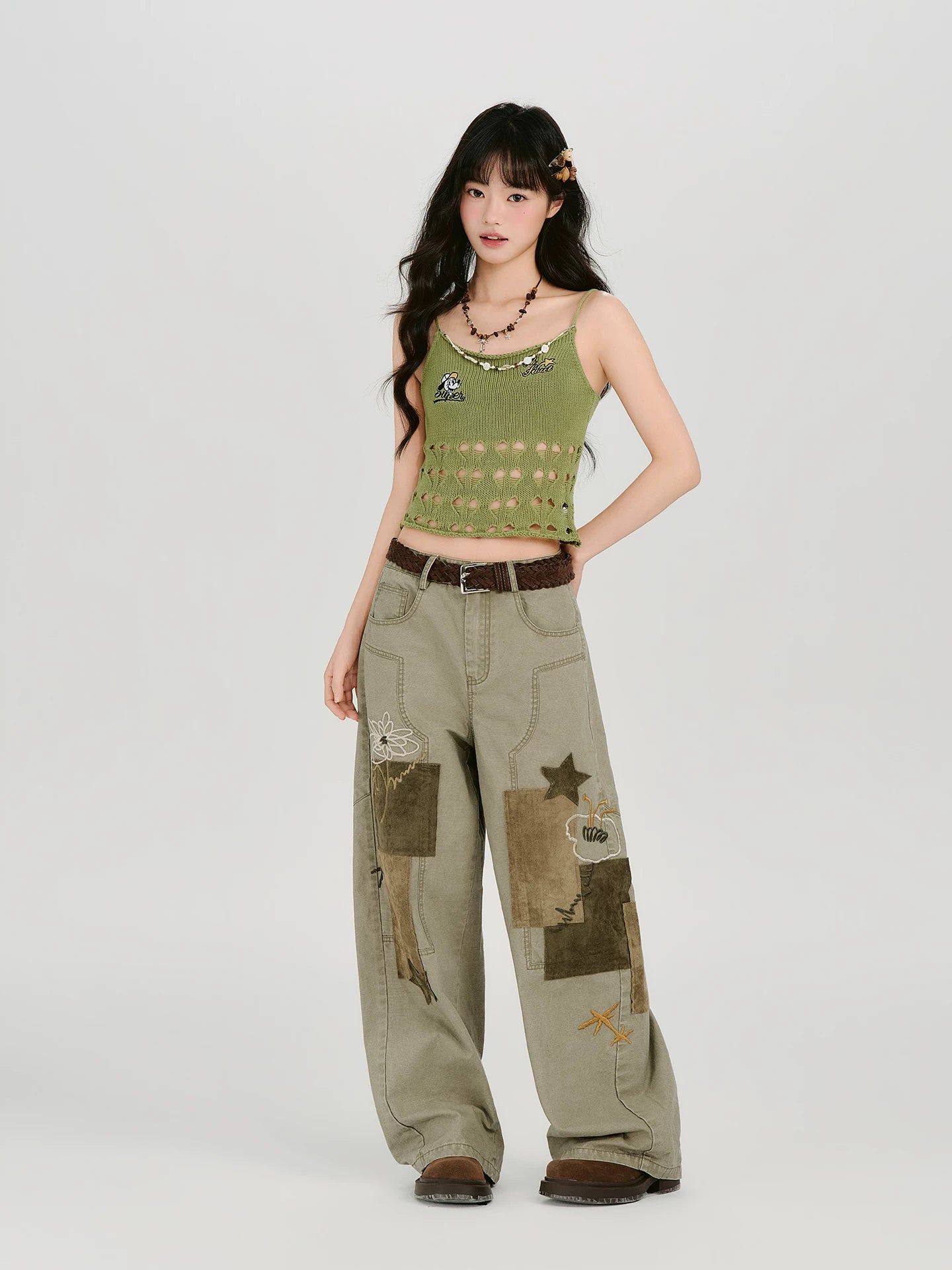 Girlyhao Vintage Applique Embroidery Wide-Leg Pants