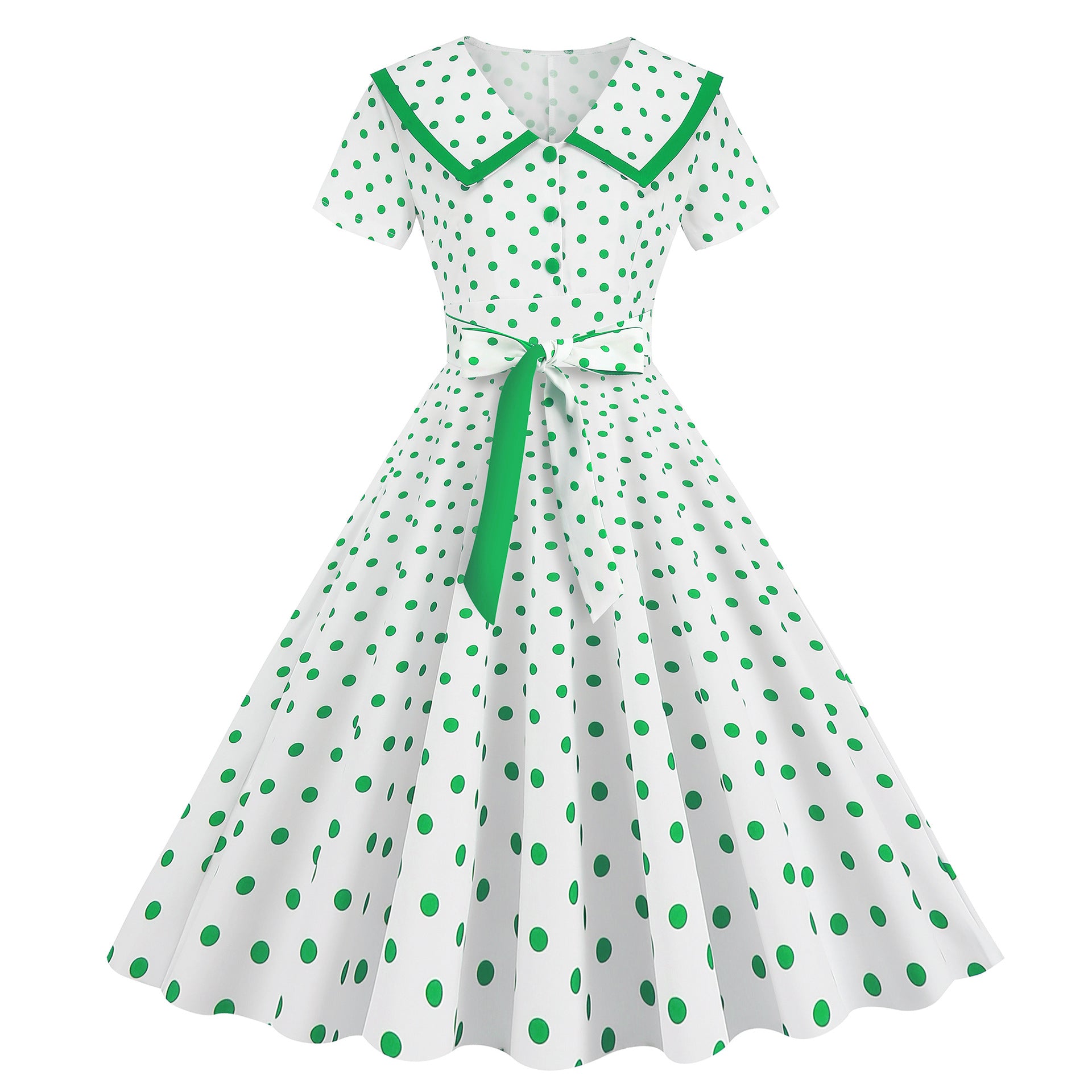 Vintage-Inspired Polka Dot Print Wrap Waist Flared Dress with Belt